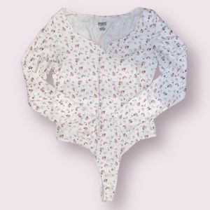 victoria secret pink rose print white bodysuit